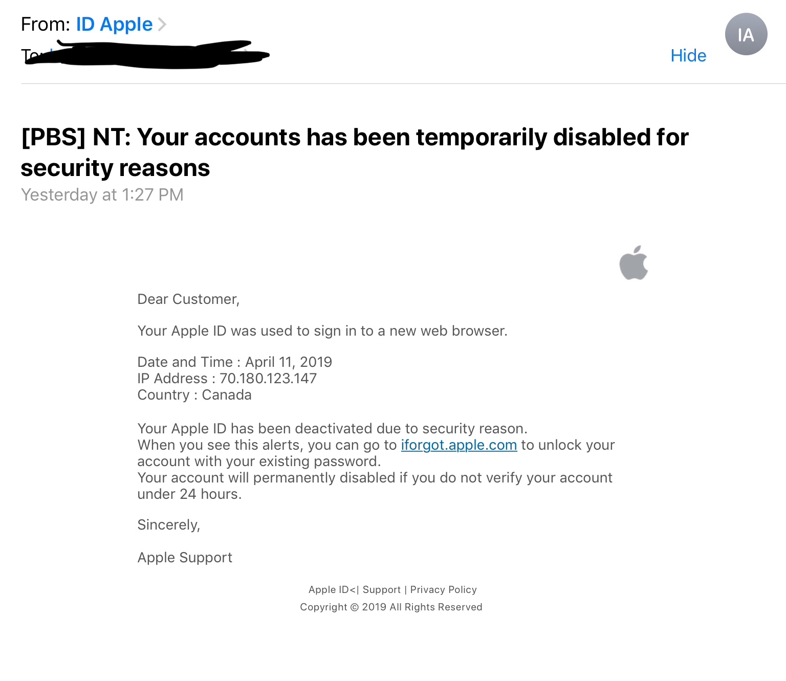 email from apple id fake